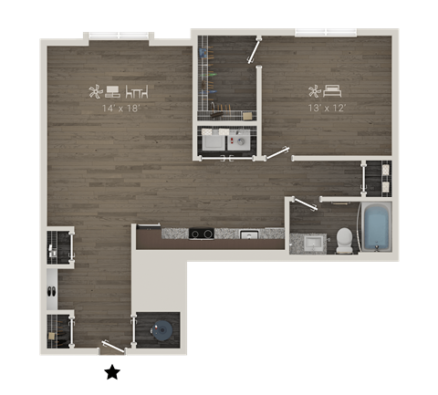 Floor plan for 1 bed, 1 bath, 875 sqft
